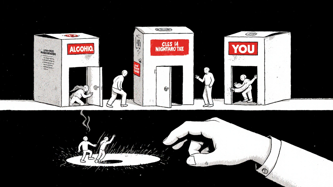 薬の箱の奥でさまざまな危険が起きる、トラップされた小さな人々の夢幻的光景。