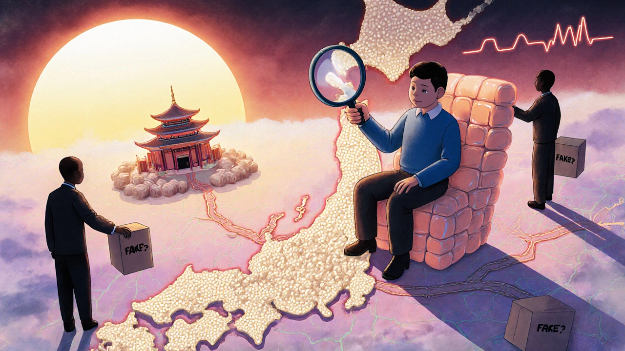 薬の椅子に座る男性が日本を血管の地図で見つめ、医師の神殿へ向かう道を照らす心拍線の太陽が昇る抽象的光景。