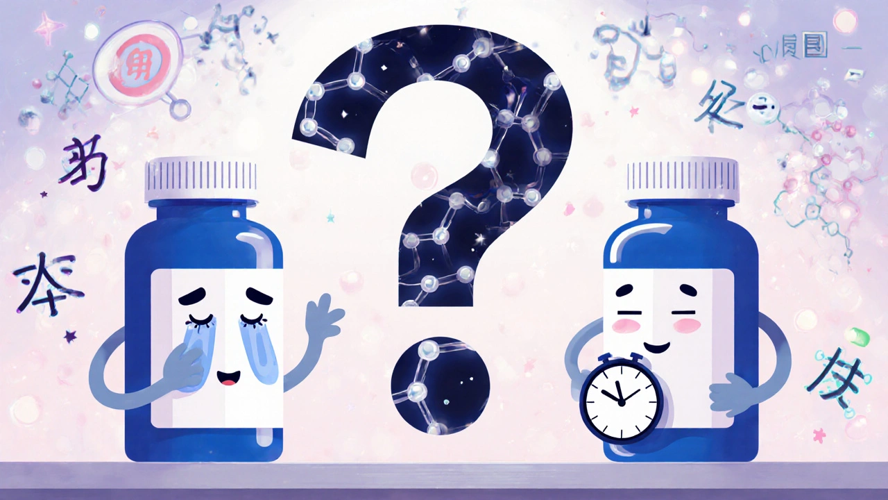 薬のボトルが表情を持つ顔に変化し、選択の質問マークが浮かぶ surreal ファーマシー。