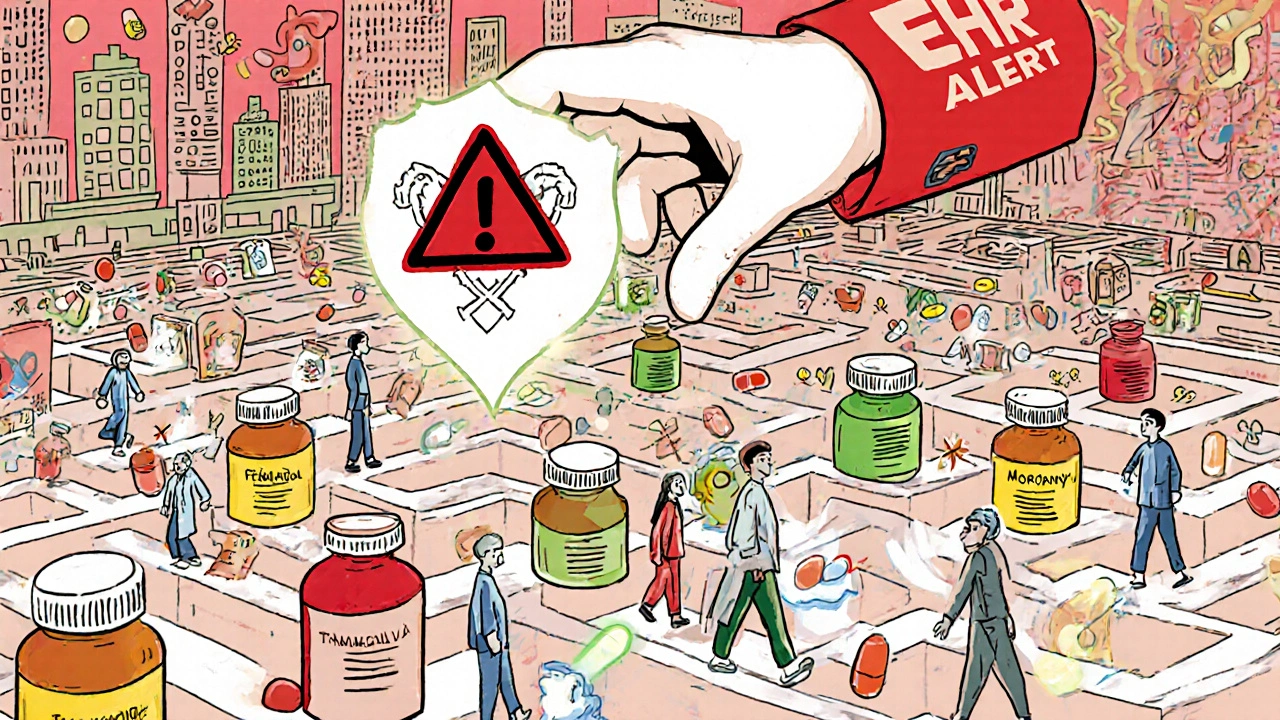 薬のリスクレベルごとに色分けされた薬瓶が浮かぶ迷宮で、警告が危険な組み合わせを阻止する様子。