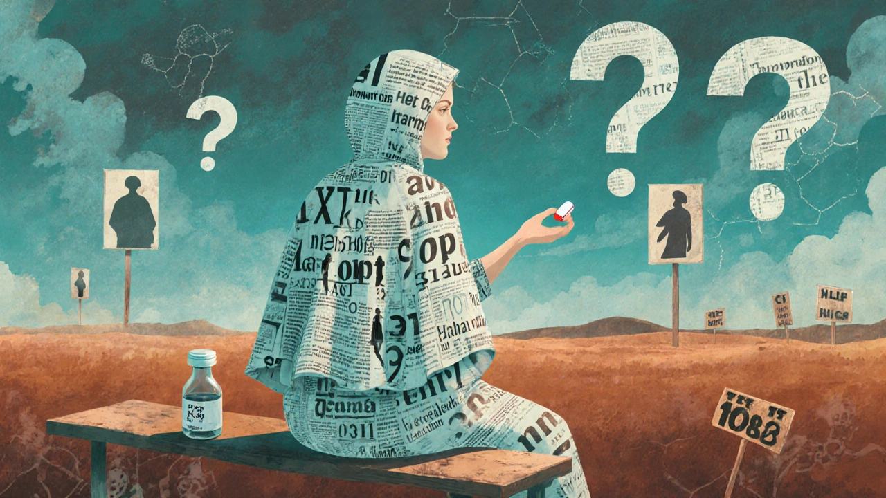 一人の患者がHIVに関する新聞の破片でできたマントを纏い、AZT錠を手にしている