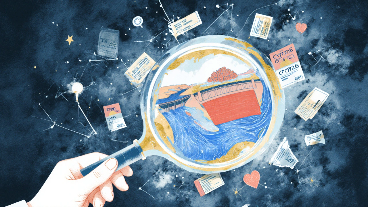 医師が拡大鏡で遺伝子の川を観察し、薬の代謝がスムーズか阻害されているかを視覚化した surreal なシーン。