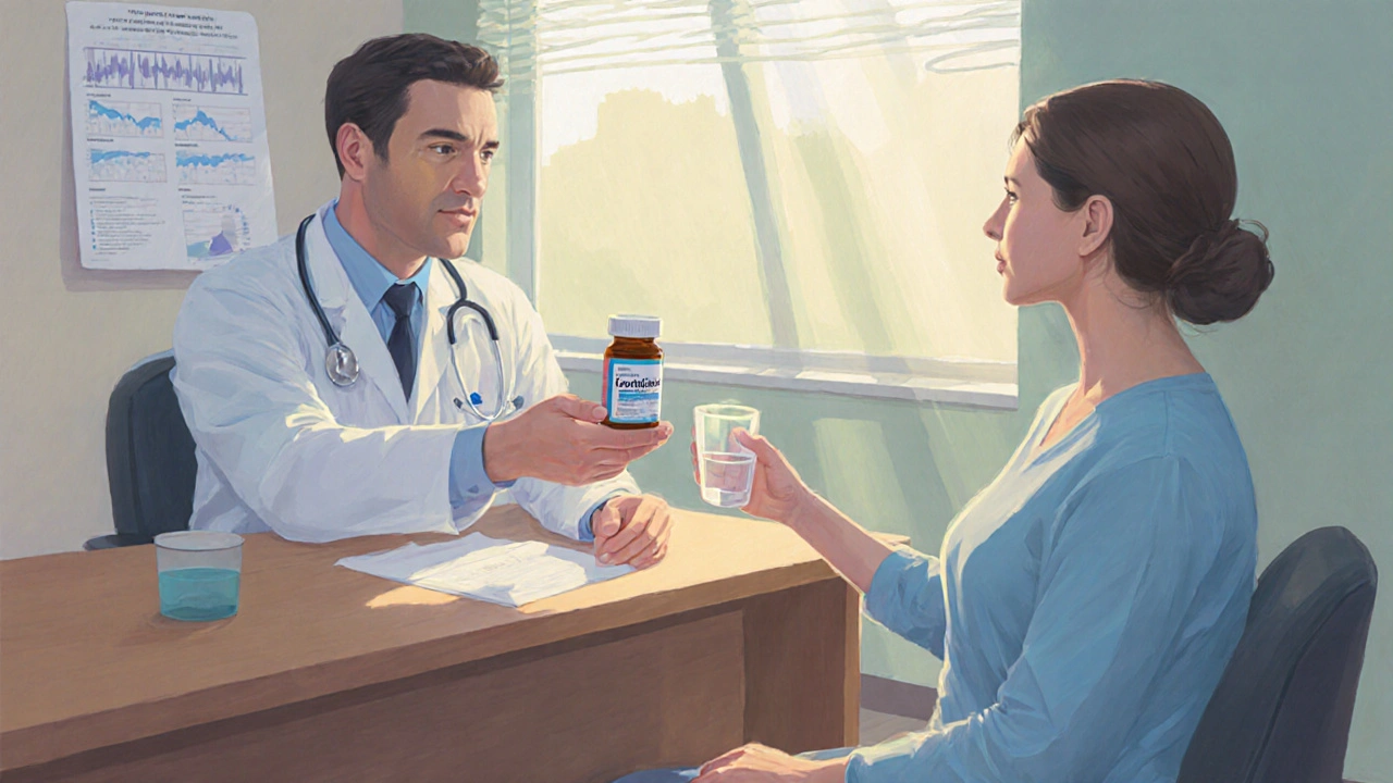 医師と患者が相談し、患者がLevothroidのボトルを受け取っている温かい診察シーン。