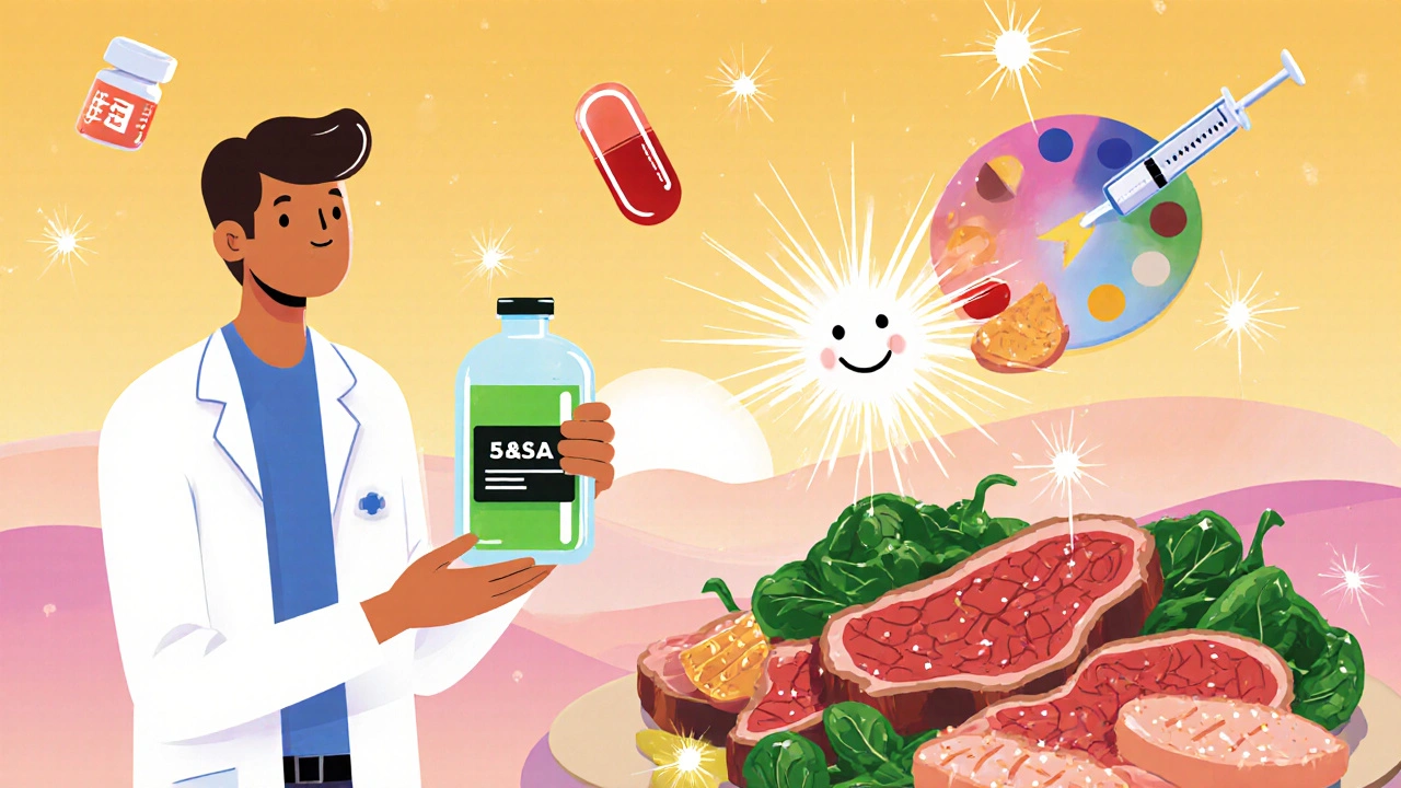 医師と薬、赤身肉やほうれん草、ビタミンB12注射が集まる回復のイラスト。