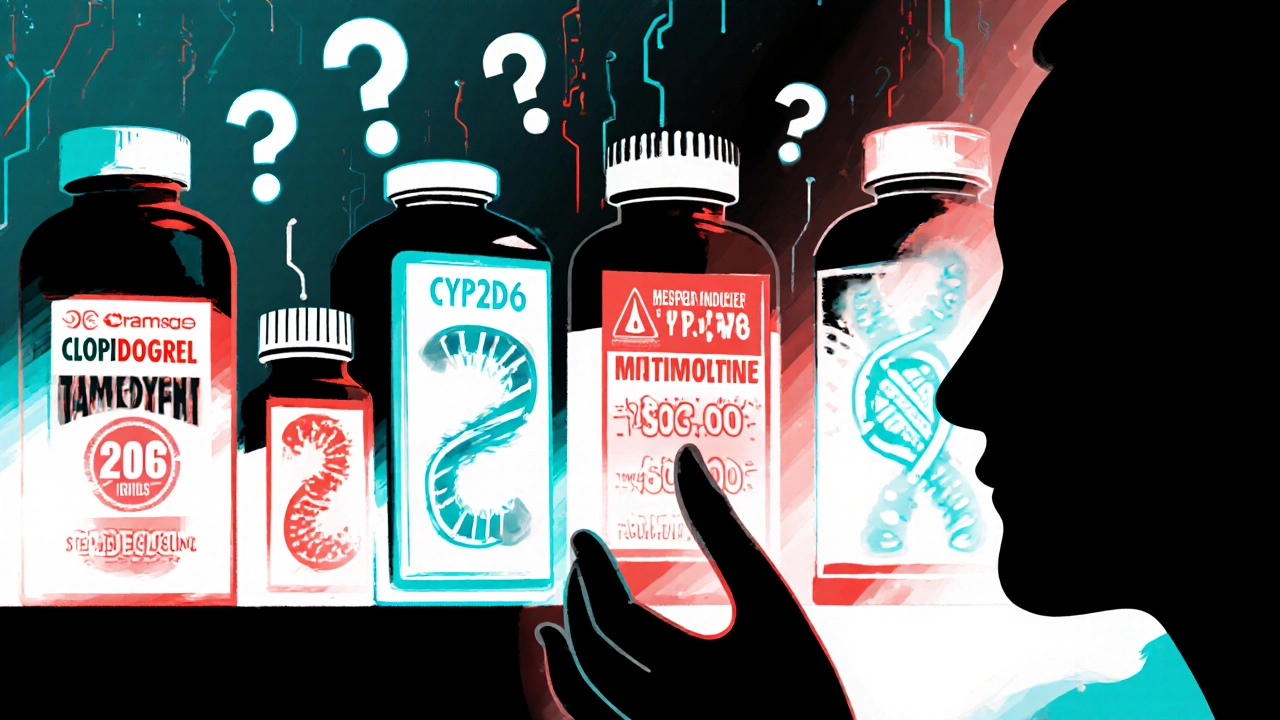 遺伝子符号でラベルされた薬の棚と、遺伝子タイプに応じた警告が浮かぶ未来の薬局の幻想的風景。