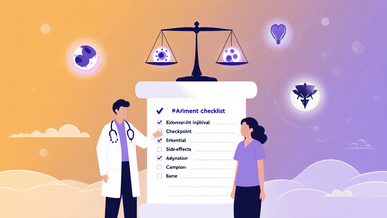 治療チェックリストと将来の併用薬を示す医師と患者のイラスト。