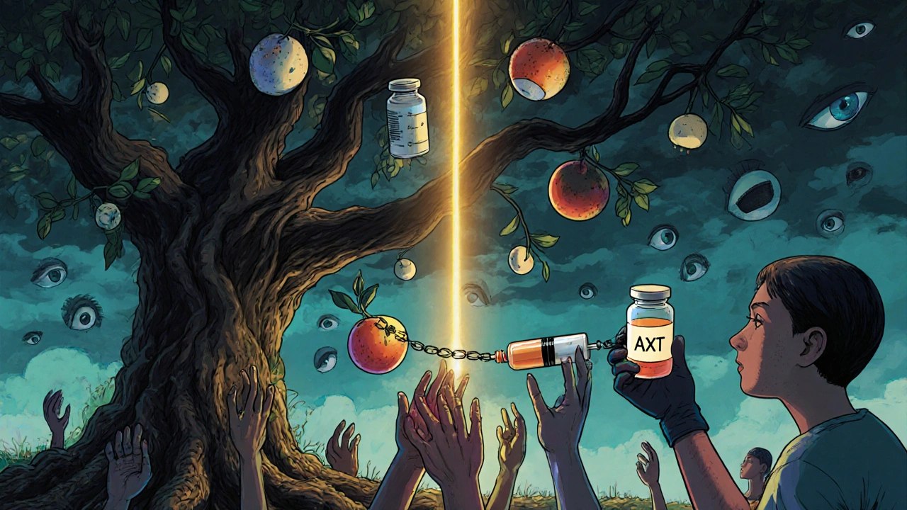 注射器の根を持つ樹木から薬の実がなり、人々が薬を手渡す連鎖が描かれている