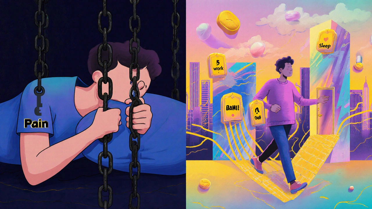 左は痛みの鎖に縛られた人物、右は薬の鍵で日常の扉を開く自由な人物、二つの世界が対比される超現実的構図。