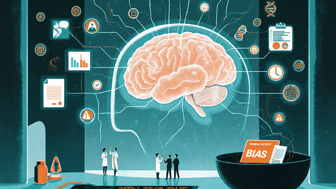 AIの光の触手が脳に医療データを接続し、偏りの暗闇に农村データが吸い込まれる。