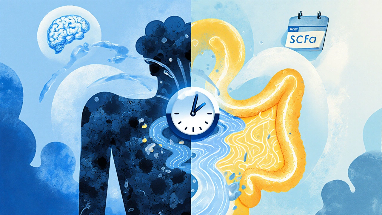 腸内環境の違いによる体の二面性、持続的な習慣の重要性を象徴する超現実的肖像