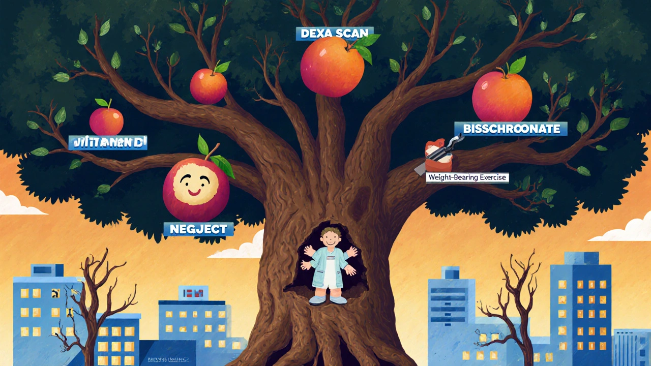 DEXA検査やビスホスホネートなどの予防策が根を張る巨大な木に、健康な骨の実が実る幻想的な医療の森。