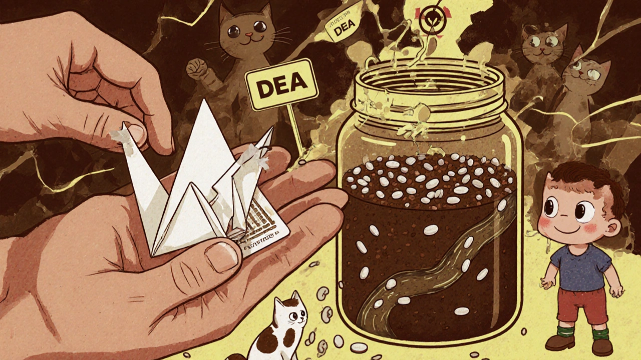 フェンタニルパッチが水に溶け、猫や子どもが近づく夢幻的なシーン。