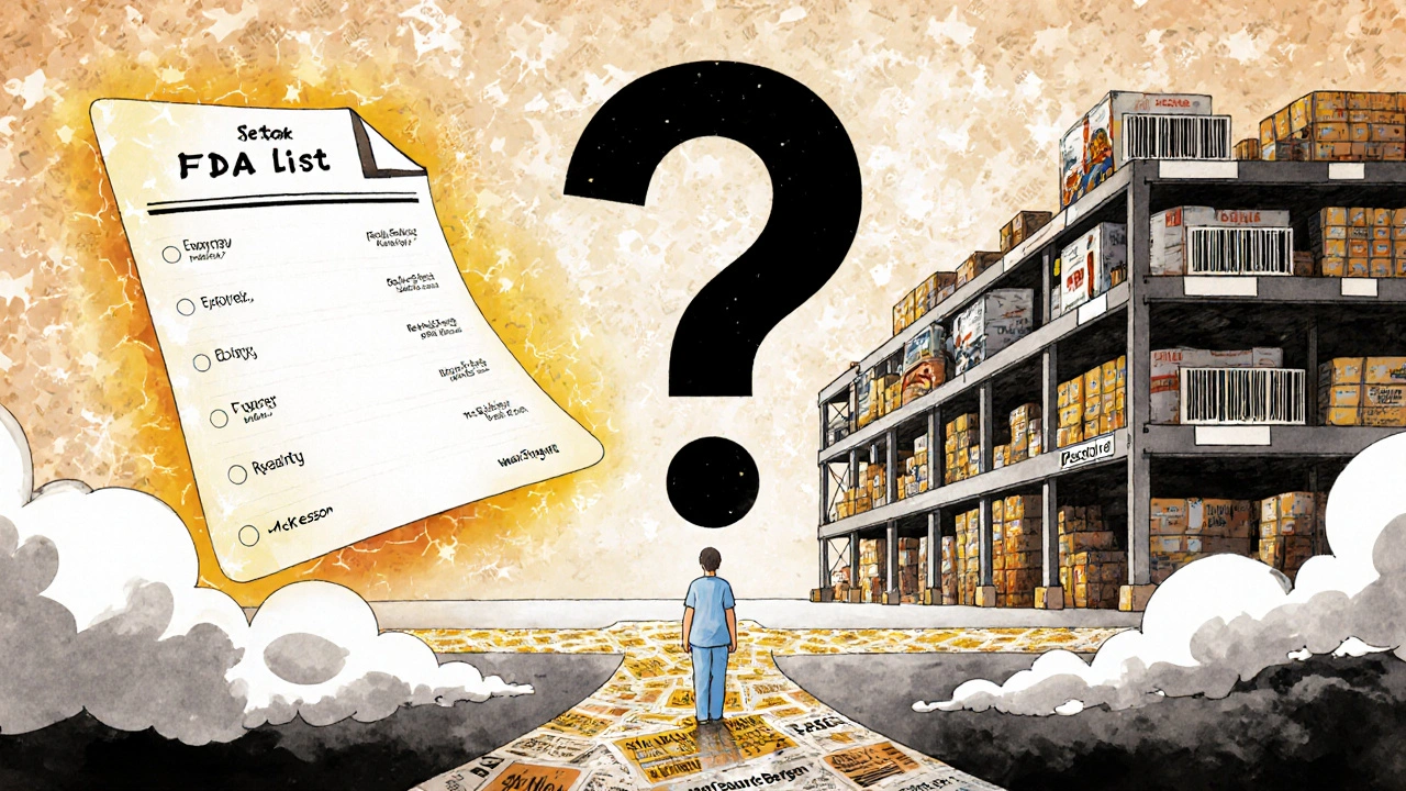 患者がFDAのリストと実際の在庫倉庫の間で迷う、二つの道を描いた超現実的な風景。