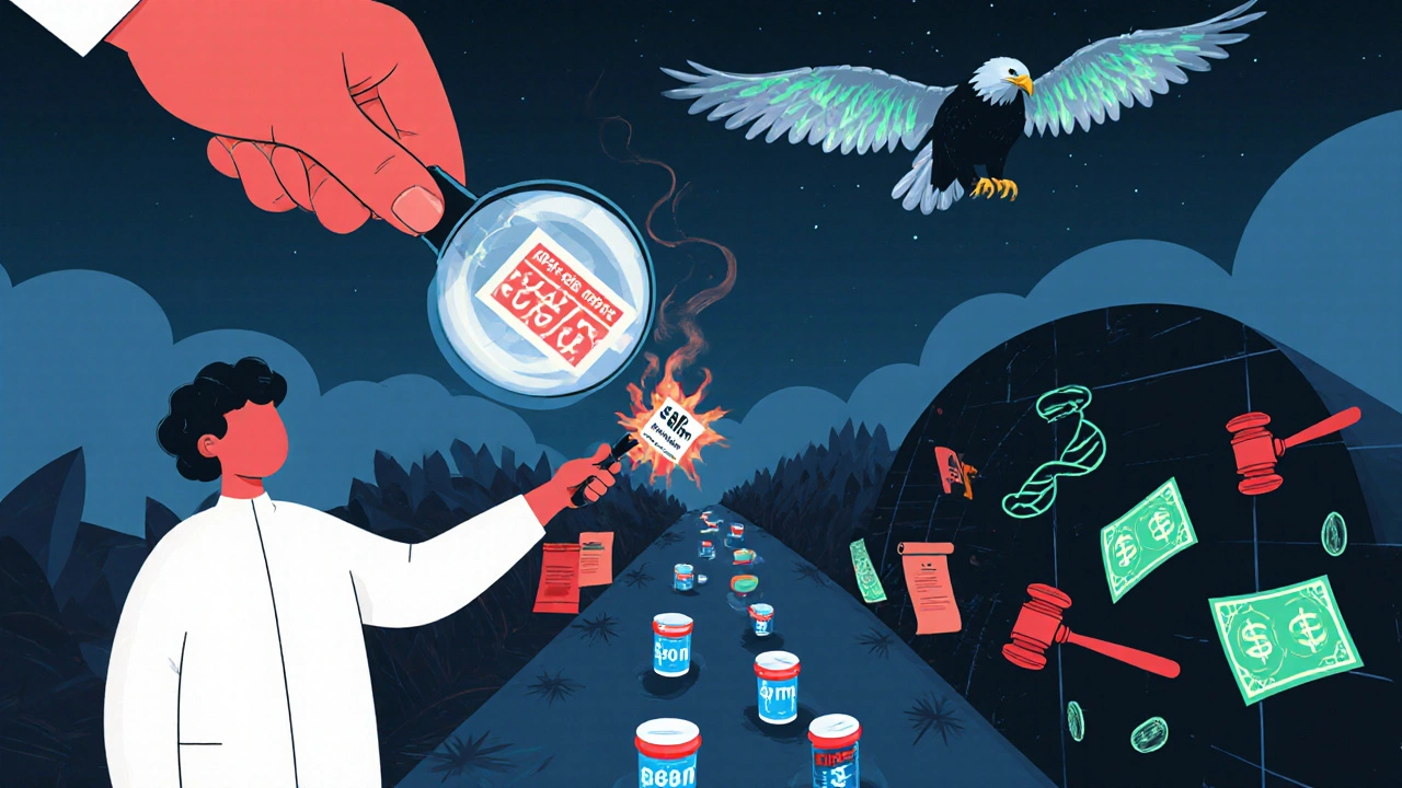 患者がジェネリック薬への道と訴訟のトンネルの間で迷う、超現実的な風景。