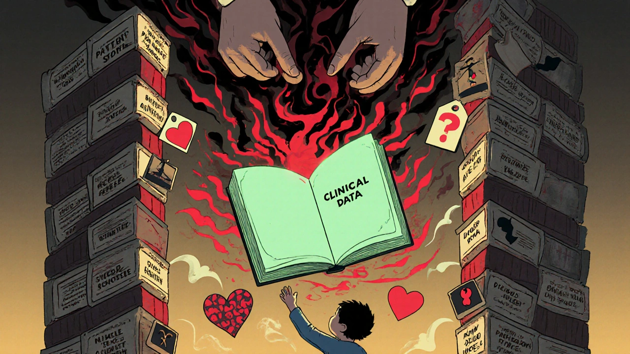 患者の体験談が嵐を生み、科学的データが静かに光る図書館の抽象的イメージ。