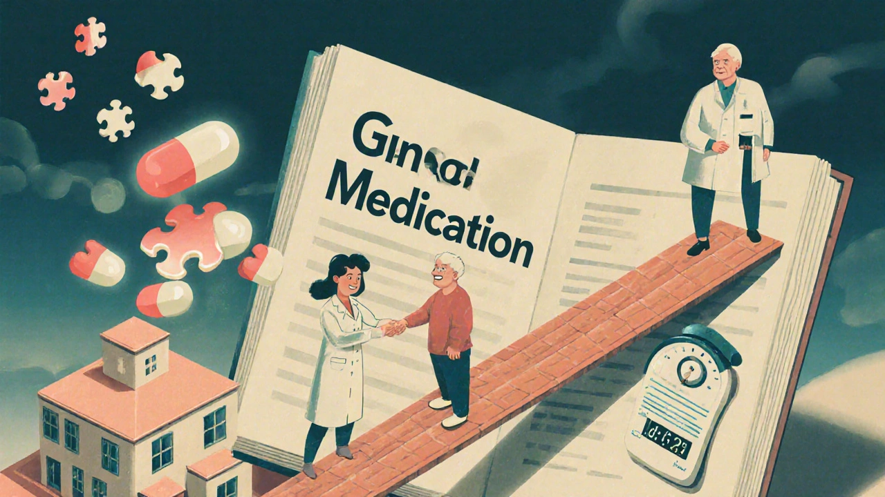 ジェネリック薬の本が橋となり、医療機関と自宅をつなぎ、薬剤師が患者にカプセルを渡す幻想的なシーン。