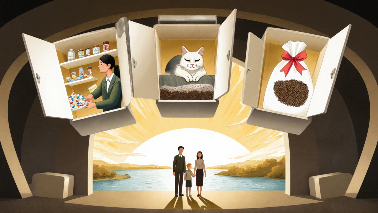 家族が薬の正しい処分方法を示す浮かぶキャビネットを見つめる、明るい未来のイメージ。