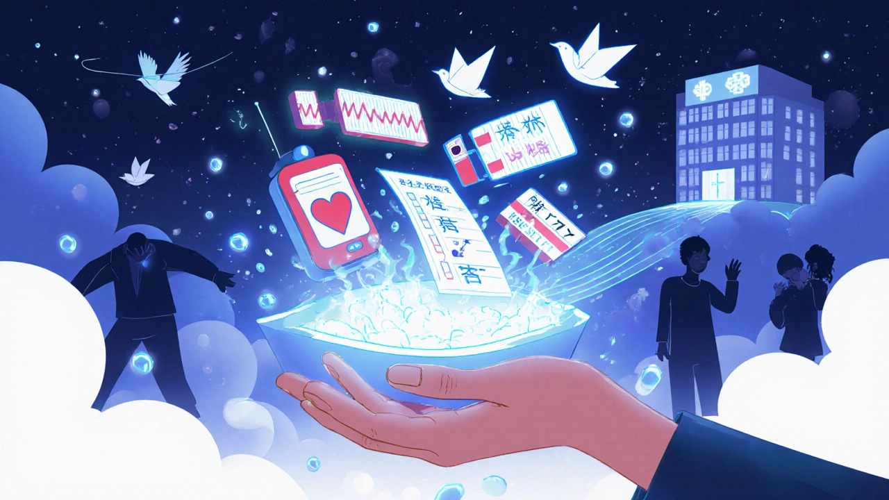 緊急キットから光る測定器とケトンテストストリップが飛び出し、インスリンの光の川が病院につながる夢のようなシーン。