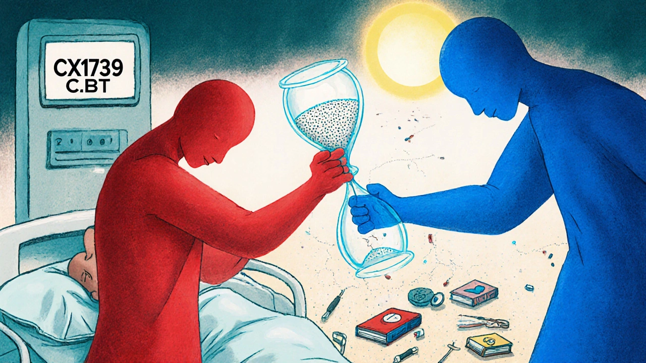 空洞になった胸の中に上昇する砂時計と、二つの薬の幽霊が呼吸を奪う超現実的イメージ。