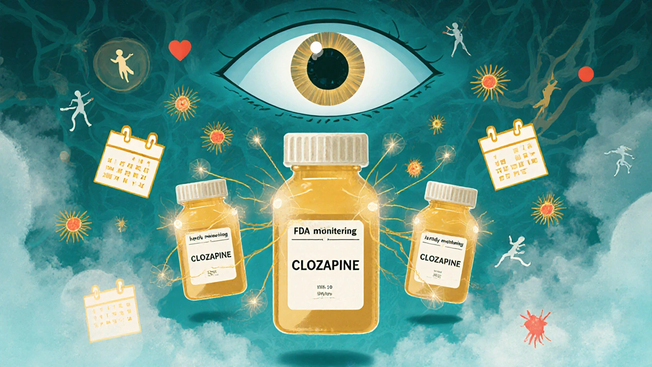 クロザピンの薬瓶から光の線が患者の心に伸び、好中球が光の虫のように舞う surreal な薬局のシーン。