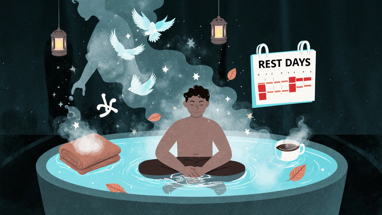 お風呂でリラックスする人物。太極拳、温熱、ストレスの解消が象徴的に浮かぶ。