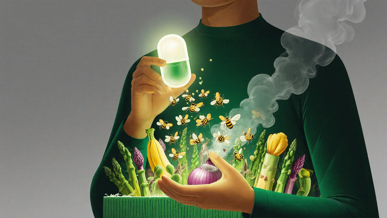 プロバイオティクスの菌が食物繊維の花を受粉し、腸のバリアを強化する幻想的なイメージ