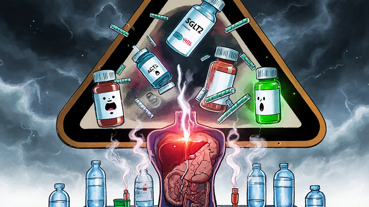 SGLT2阻害薬とACE阻害薬が倒れ、インスリンだけが浮かび上がり、腎臓と脱水の象徴が描かれた超現実的な風景。