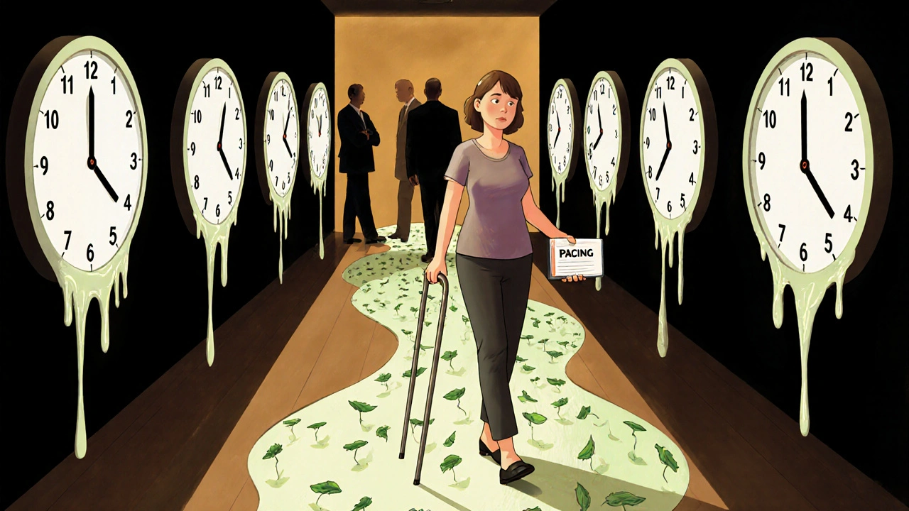 時計が溶け、バッテリーが空になる杖を携えた人物が、わずかな緑の道を歩む様子。