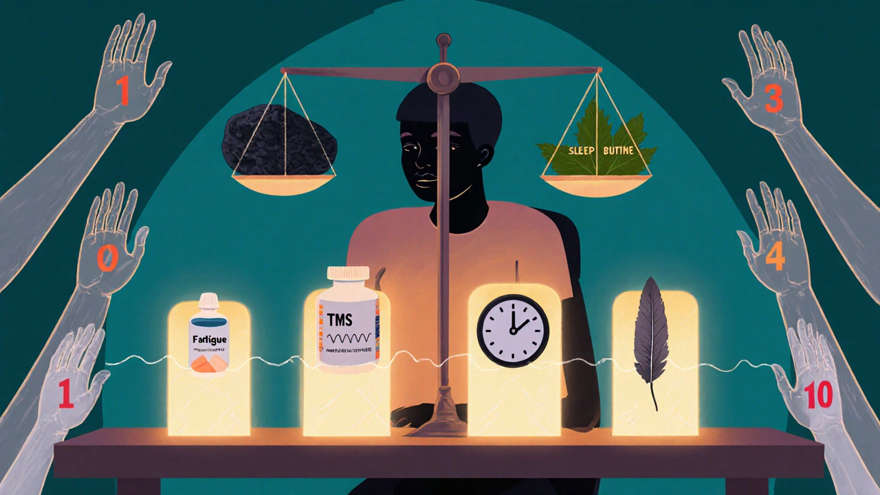 四つの治療法の光の柱に囲まれ、疲労と希望の秤を保つ人物の肖像。