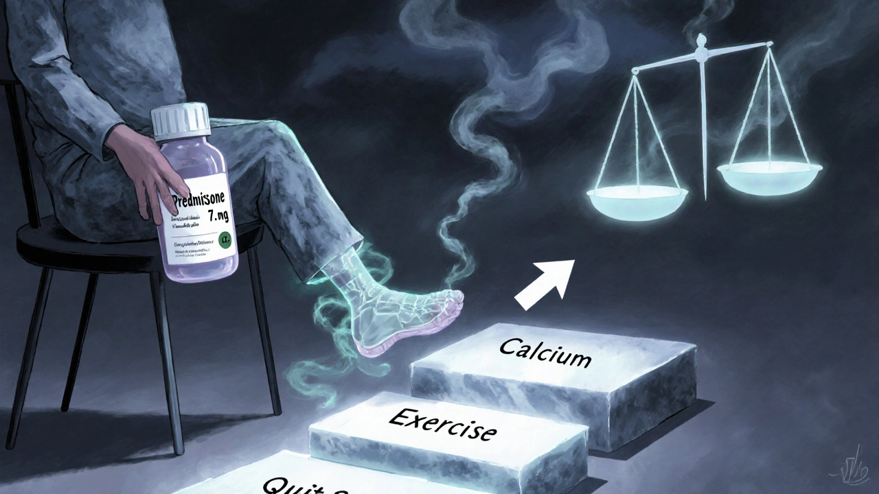 ステロイドの薬を手にした患者の片足はガラスのように脆く、もう片足は大理石のように頑強、禁煙と運動の道が光で照らされている。