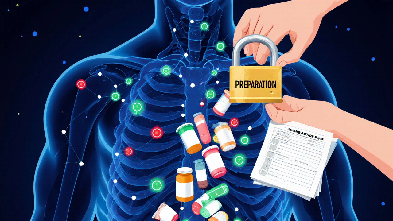 体を形取った薬のマップに、安全な薬と危険な薬が色で示され、準備の鍵が差し込まれている。