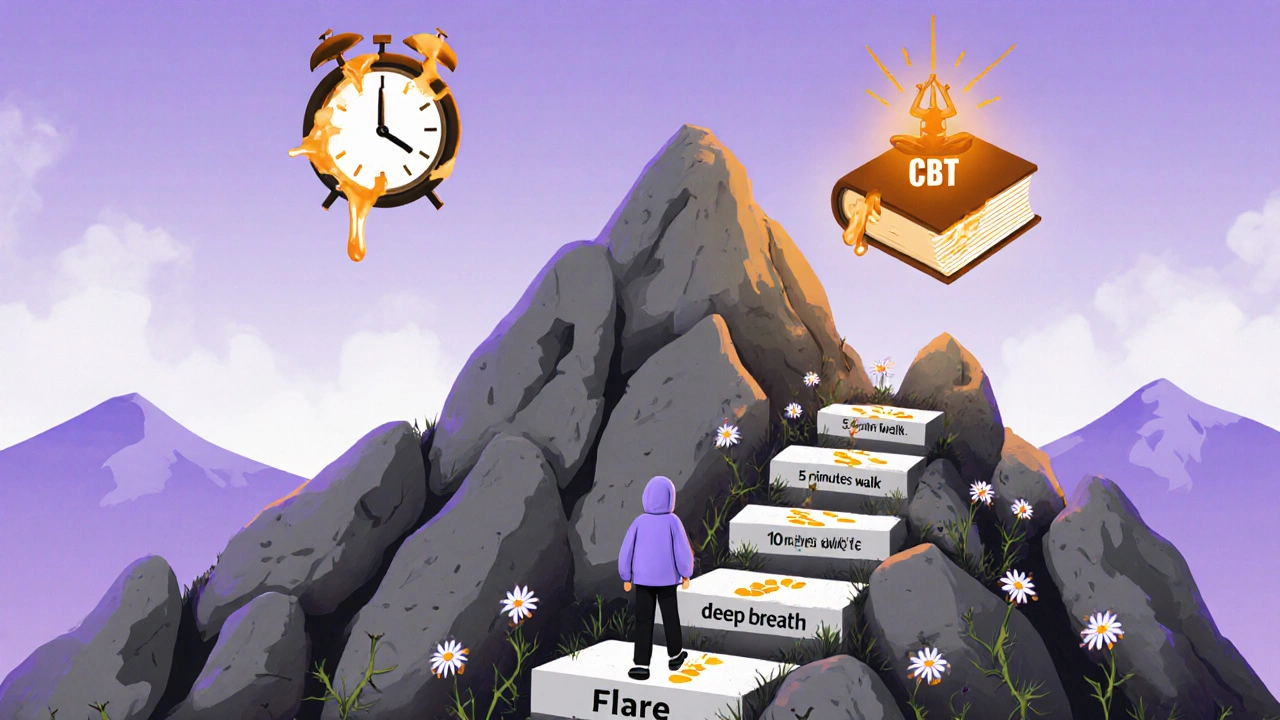 痛みの山を越える小さな歩みを描いた幻想的風景。一歩一歩が花に変わる。