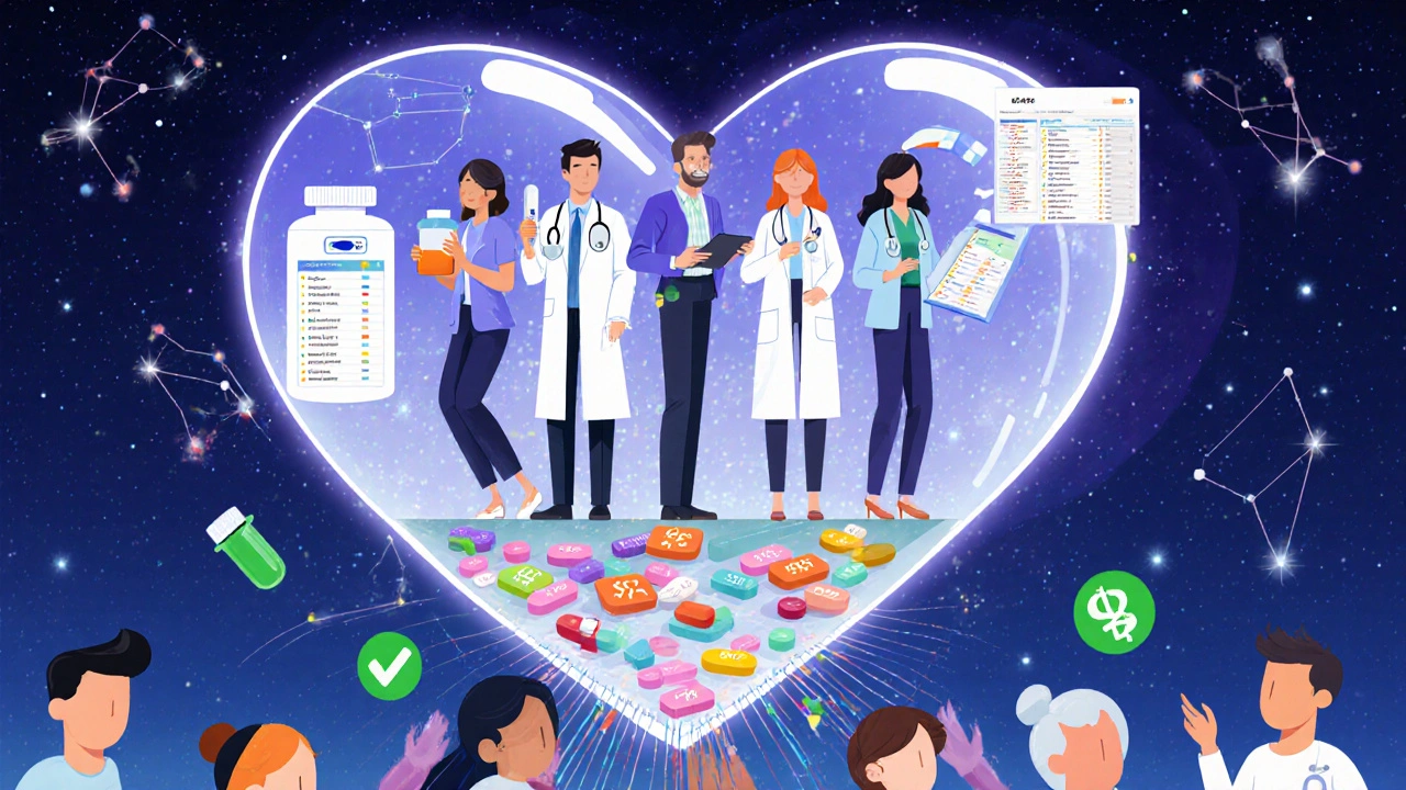 透明な心臓の中に医療チームが立ち、AIが患者データを投影し、患者の薬のリストが光で統合される様子。