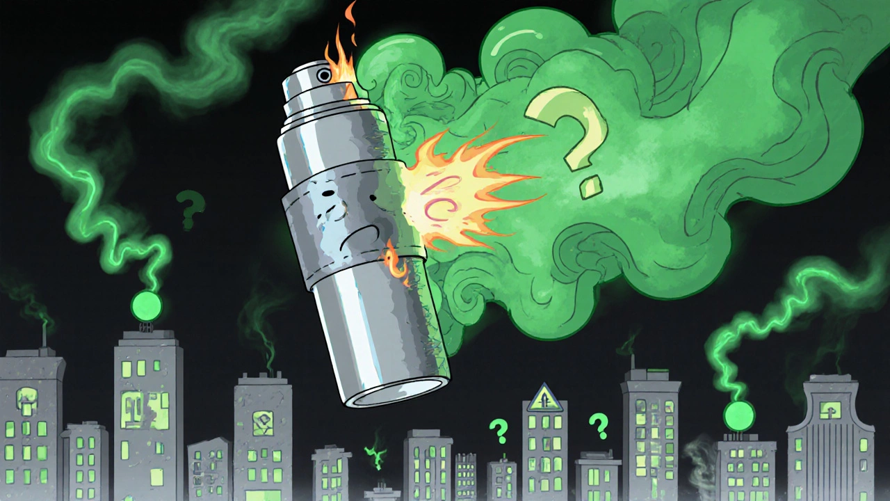 吸入器が煙に変わり、薬局の光が点々と見える抽象的な風景。