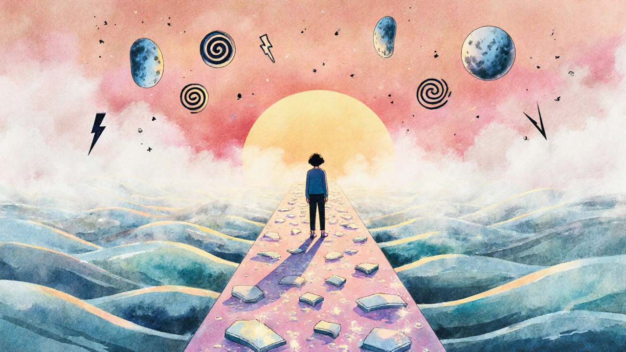 小さな錠剤の道を歩く人物、めまいや電気ショックの象徴が霧に変わる