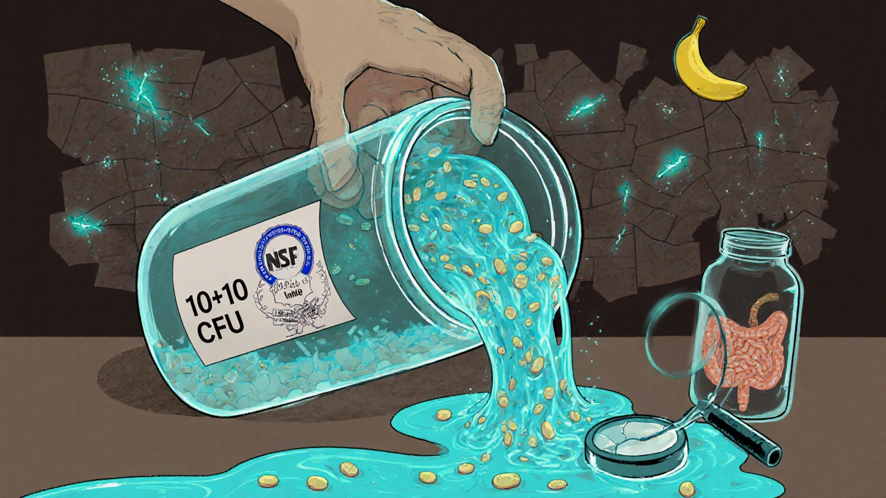 信頼できるサプリメントから流れ出す生きた菌と、劣化した製品の対比。