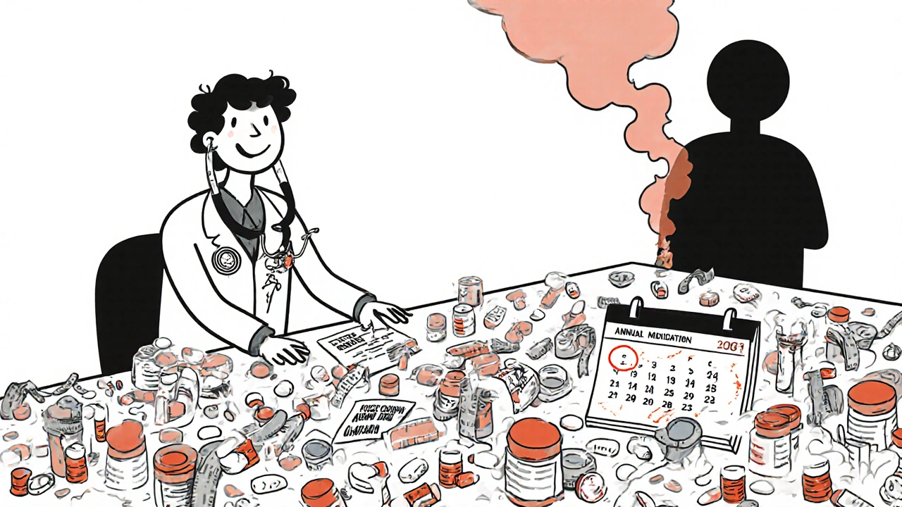 薬剤師が溢れる薬の容器を整理する中、患者の姿が煙のように消えている surreal 風景。