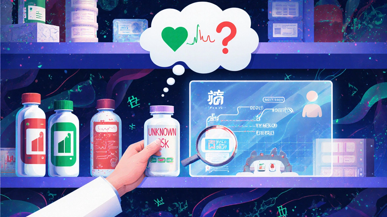 薬剤師がAIのホログラムで服薬データを確認し、未知のリスクの薬瓶を手に取る。