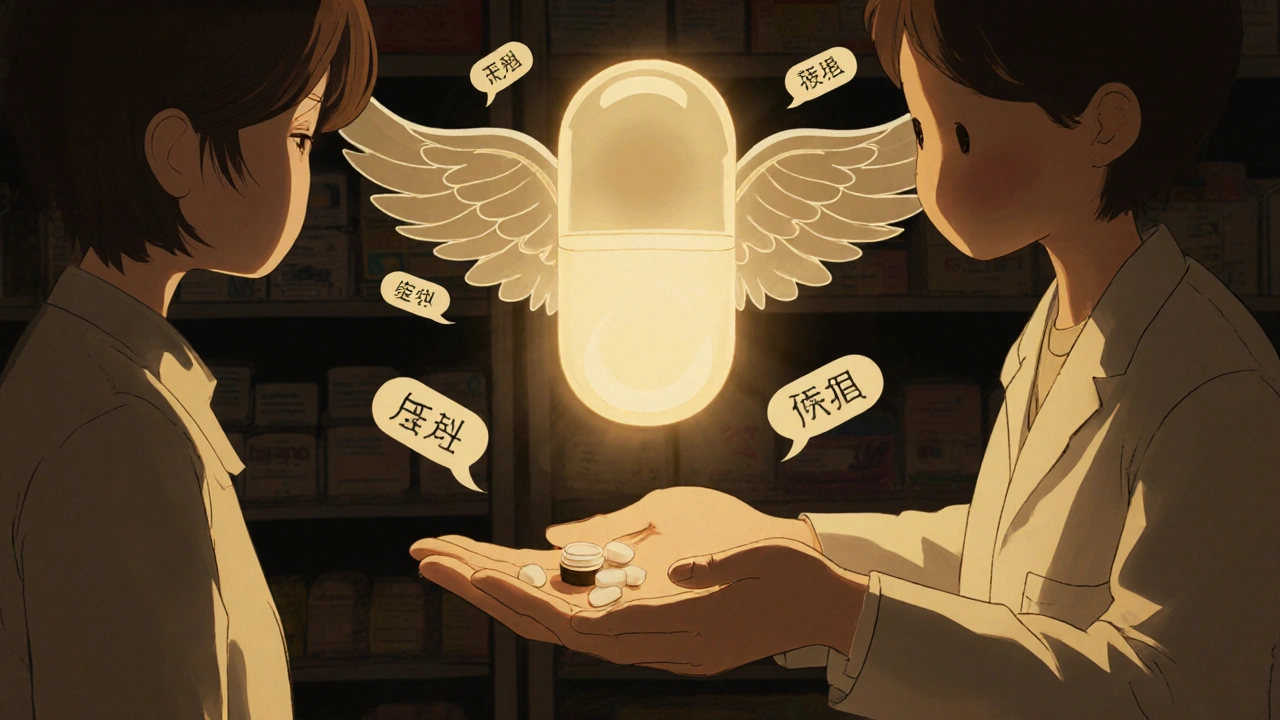 薬剤師がジェネリック薬を渡し、ブランド薬が守るように浮かんでいる。