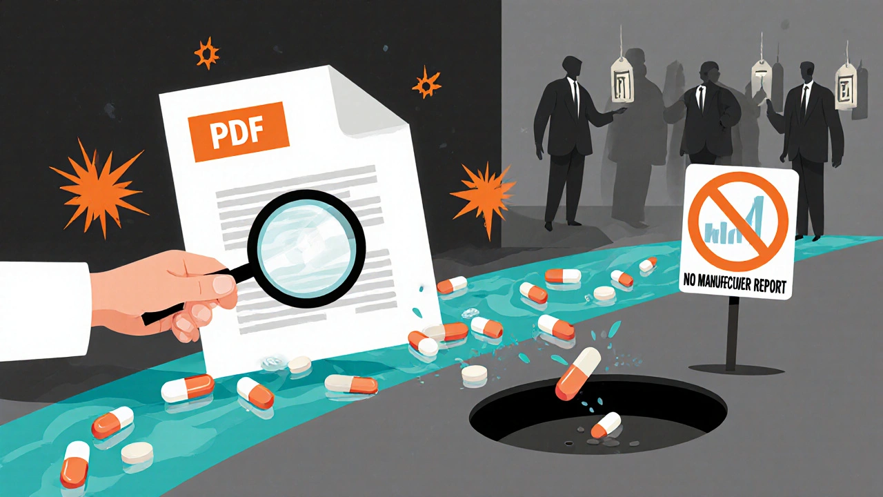 薬剤師がPDFから流れる薬の川を見つめ、一部は「在庫なし」の穴に消えている様子。