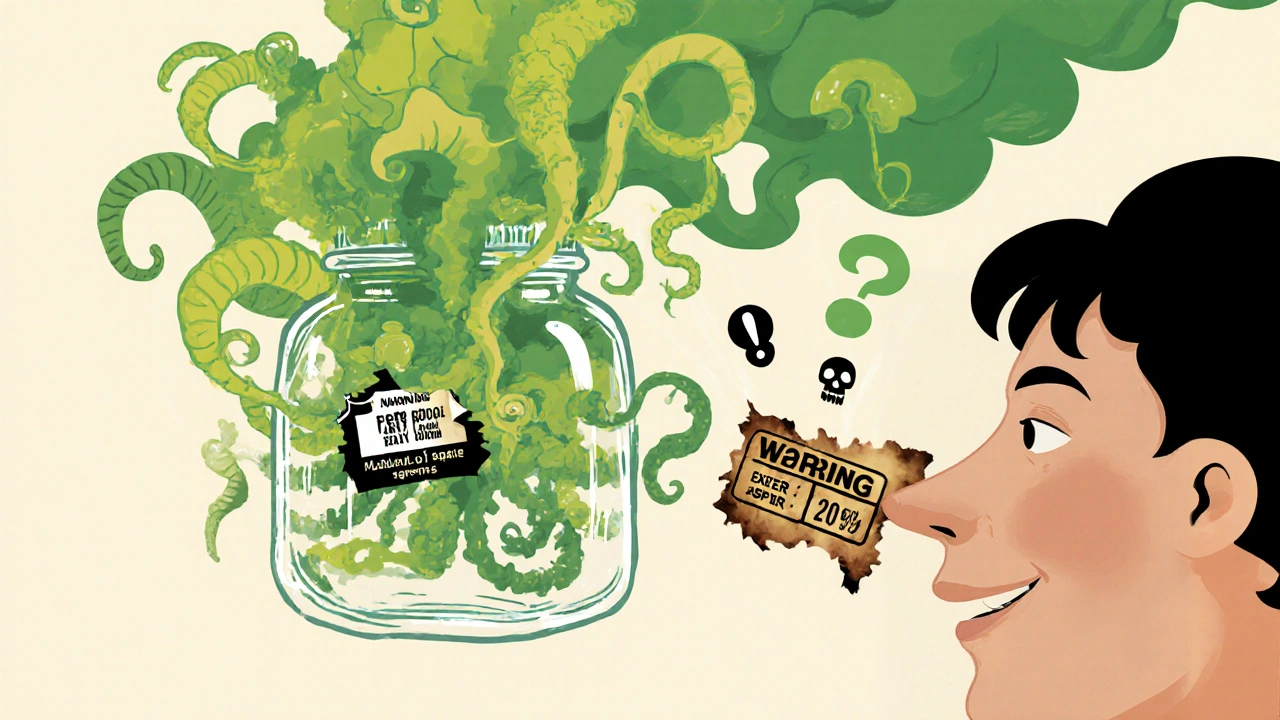 薬瓶から腐った魚と酸っぱい煙が噴出する surreal なイメージ。