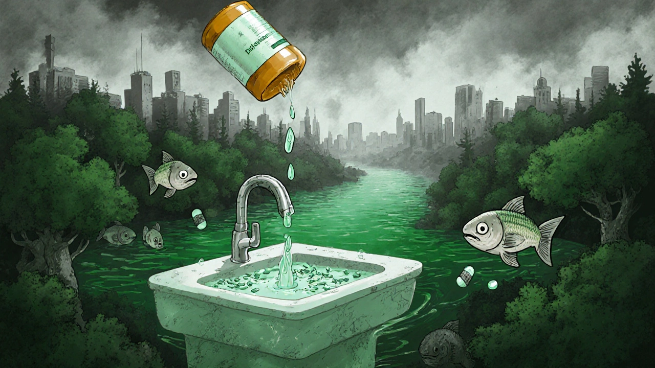 薬が川に流れ、魚の顔が苦しみ、都市の汚染が広がる幻想的な風景。