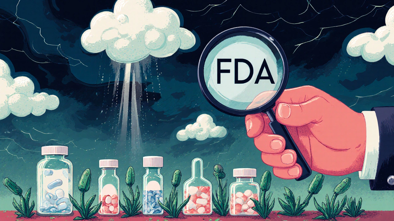 薬の容器が植物のように育ち、FDAの拡大鏡が不純物を検査する幻想的光景。