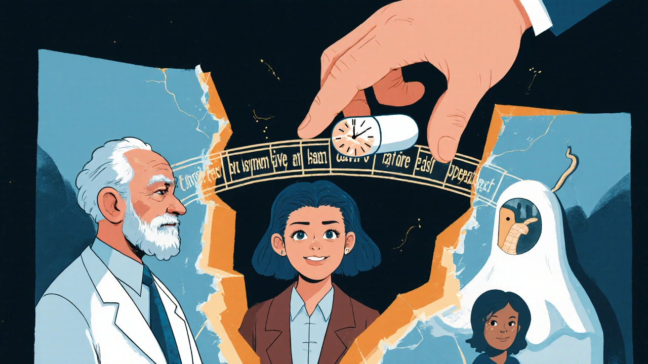 異なる患者が同じジェネリック薬を異なる恐怖の形で見ている、分裂した鏡の surreal な描写。