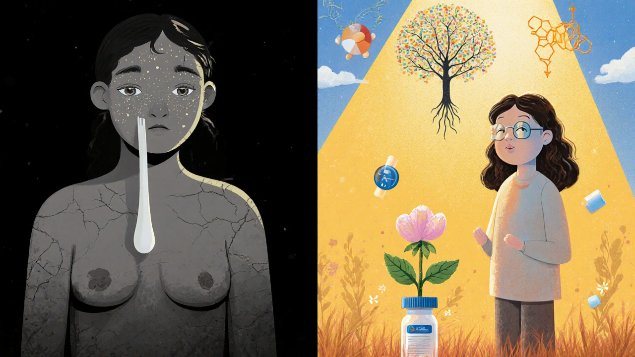 治療前後の人生を対比する影と光のイラスト、薬から花が咲き、AIの遺伝子が浮かぶ。