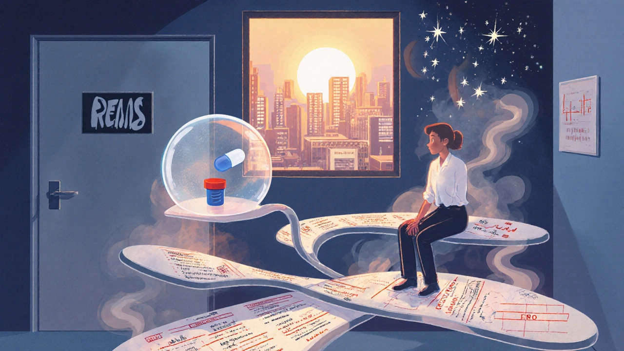 治療者と患者が血液検査の線でできたベンチに座り、クロザピンと好中球の星が天秤で釣り合う幻想的な光景。