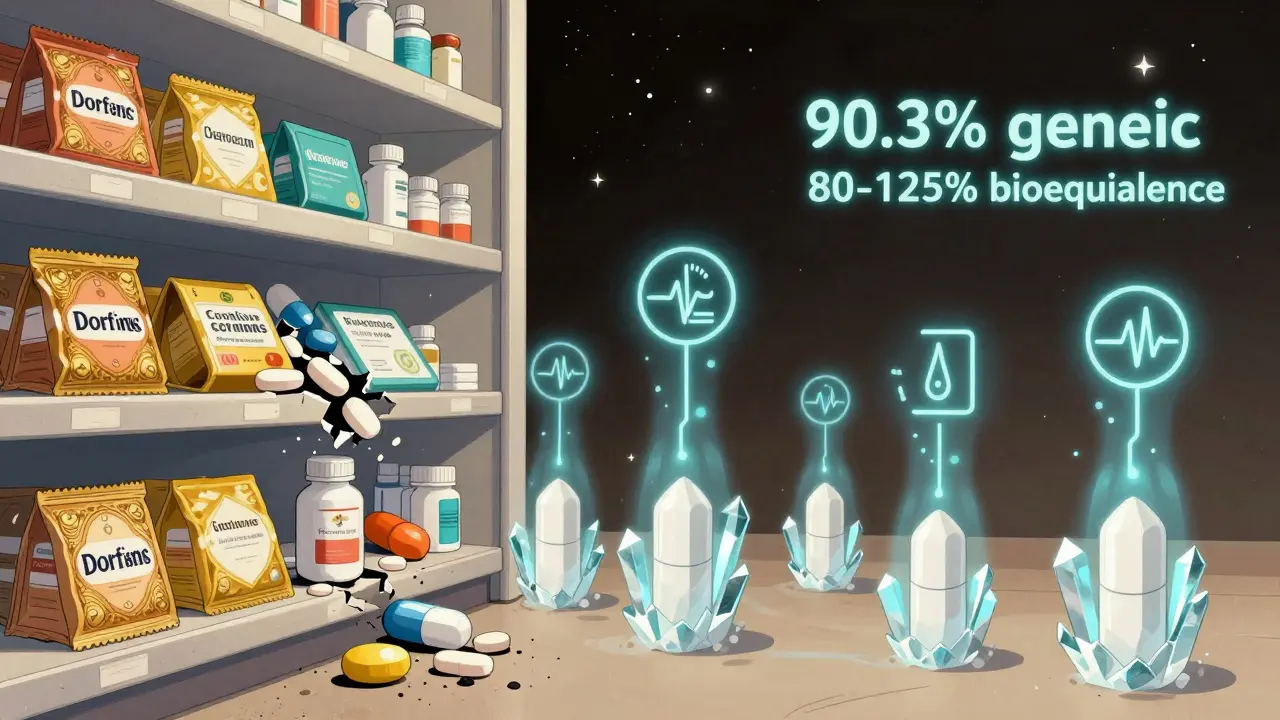 ブランド薬が崩れ、ジェネリック薬が光の結晶のように育つ薬局の幻想的風景