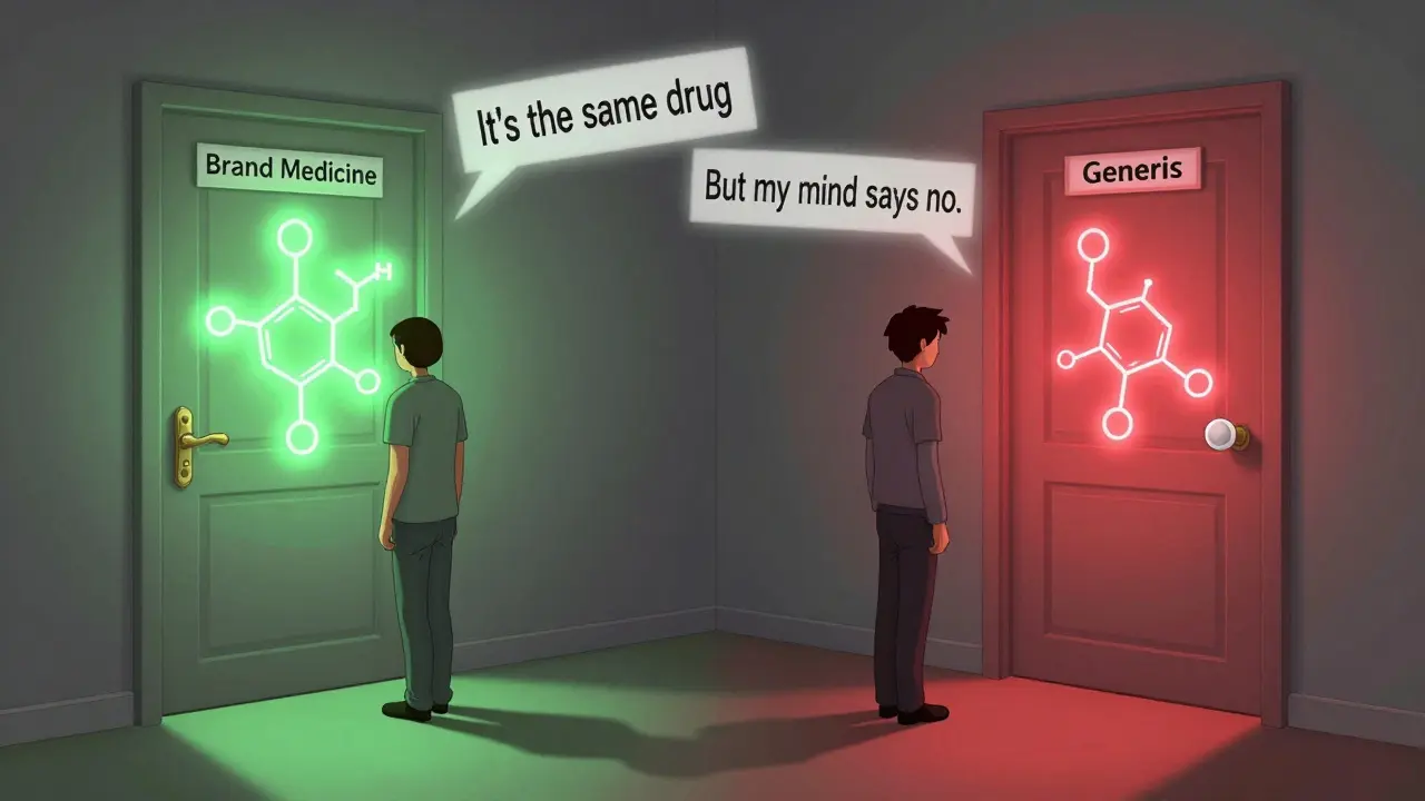 ブランド薬とジェネリックのドアを前にした患者の姿。同じ薬なのに心の反応で光の色が違う様子。