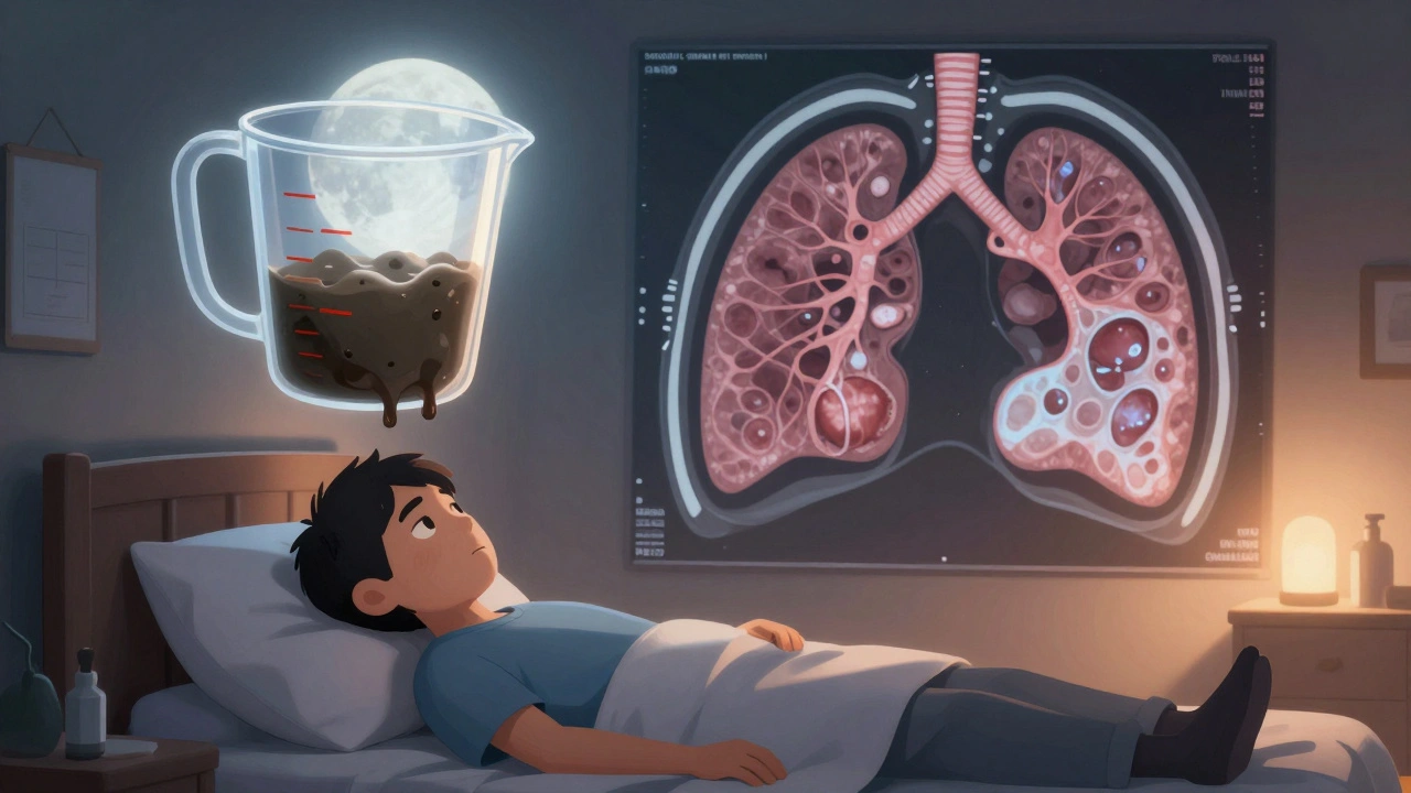 朝の痰を計測する患者と、浮かぶCT画像で気管支と肺胞の異常が視覚化された幻想的シーン。
