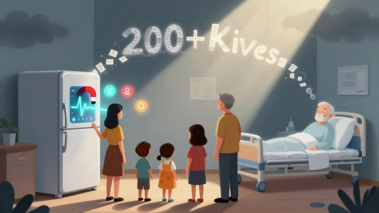 抽象的超現実的なイラスト：冷蔵庫に貼られた症状トラッカーが脈打ち、家族の記録が空に浮かび上がって命を守る形になる。